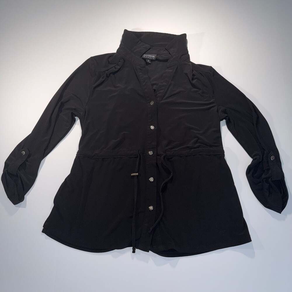 En Focus Studio Black Long Sleeve Button Down Blouse Top with Drawstring Waist